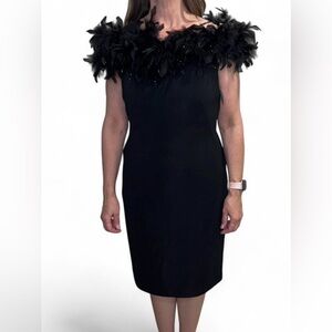 NWT Vintage Joseph Ribkoff Black Midi Dress with Feather Neckline Detail.